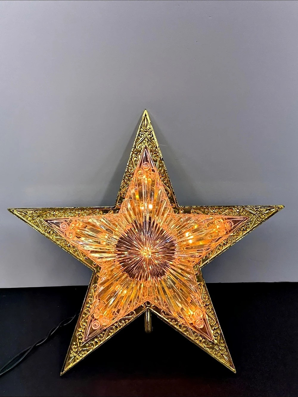 Vintage Lighted Christmas Tree Topper Star Gold Clear Plastic Retro Holiday Deco